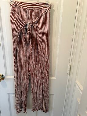 Faithfull the Brand cool crinkle fabric tie-front striped palazzo pants, sz 4